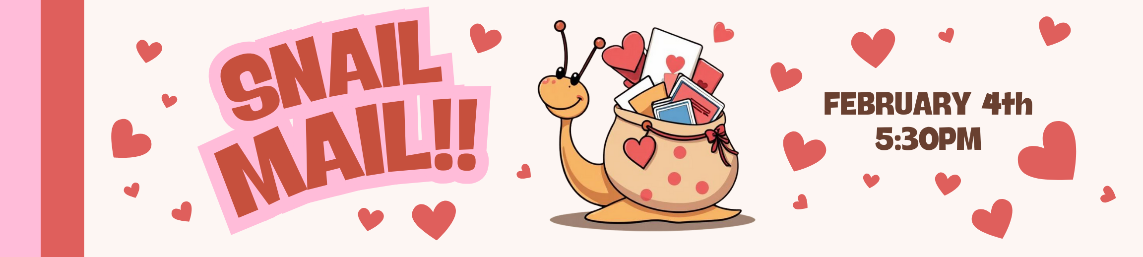 An image of a snail carrying a large mail sack on its back stuffed with Valentine's cards.