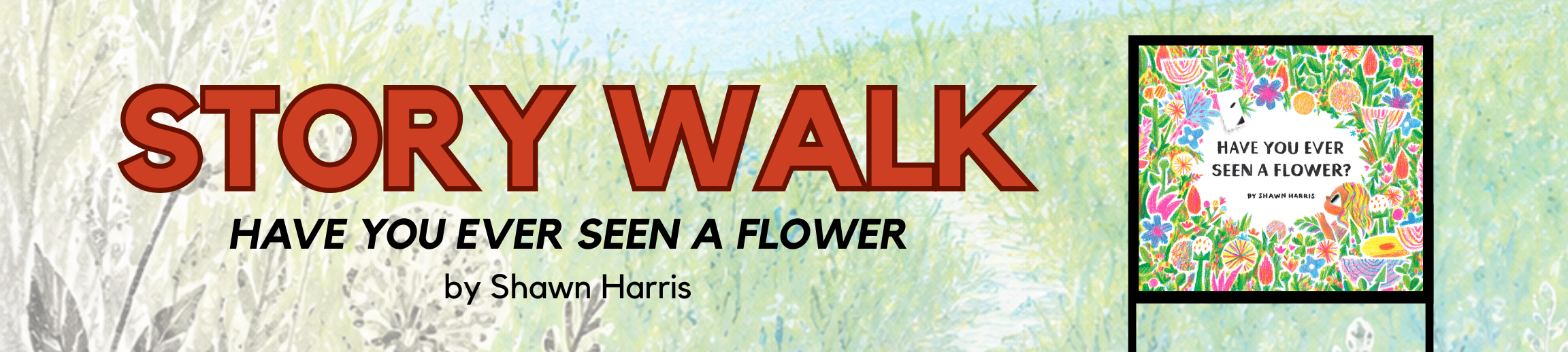 “Story Walk” banner for Have You Ever Seen a Flower? by Shawn Harris. The background shows a winding path through wildflowers, fading from black-and-white flowers in the foreground into soft green grass and a blue sky in the distance. Large orange-red text reads “STORY WALK,” with the book title and author below. A small image of the colorful book cover appears on the right side.