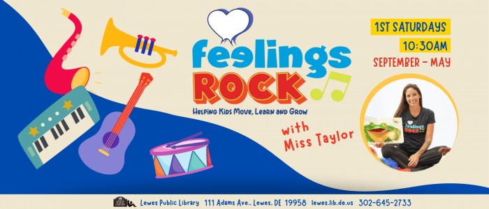 A woman with long brown hair holds a book with a frog on it. Colorful musical instruments are laid out on a blue and beige background with the words "Feelings Rock with Miss Taylor" in aqua and red lettering.