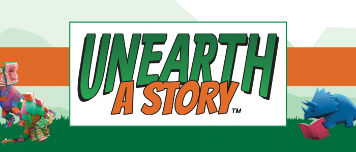 Unearth a Story Banner with two dinosaurs made out of books, one blue triceratops reading, palm trees, mountains in the background, and green grass.