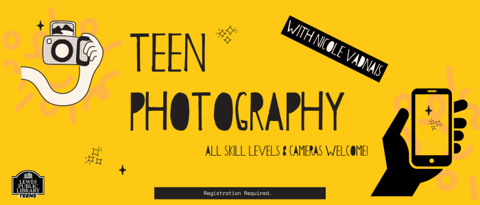 A handheld camera and a phone camera are outlined for a teen photography class with a yellow background
