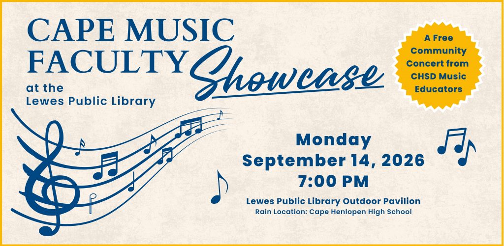 Tan background with navy blue musical notes and writing, advertising a concert