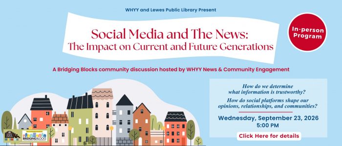 graphic of a neighborhood on a light blue background with a white banner containing red text describing a community discussion program