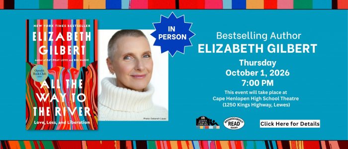 light blue background with a photograph of a woman with very short hair wearing white, plus a colorful photograph of a book cover. white text describing an author talk.