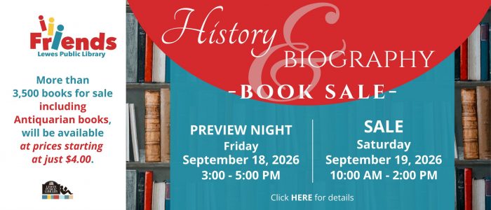 photo of books on a shelf with a red and blue graphic overlay describing a history and biography book sale