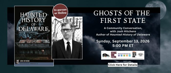 Gray background with photo of moon and clouds, a book cover, and a photo of a man wearing glasses, describing an author event