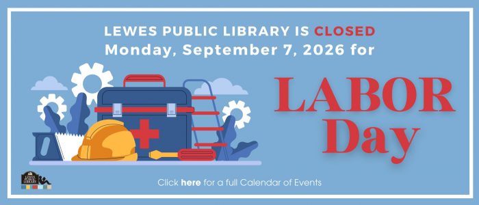 Light blue background with graphic pictures of laborer equipment, red text stating labor day closure