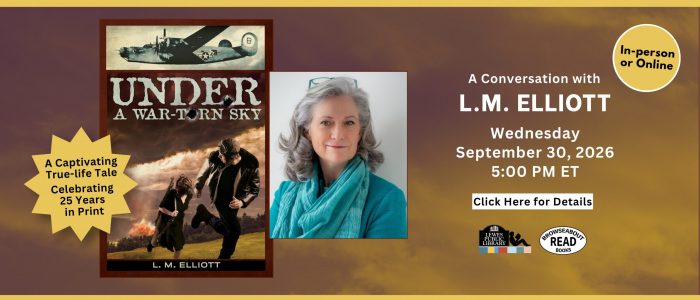 Brown smoky background with a photo of a woman in a teal top and a WWII-themed book cover. White text advertising an author discussion.