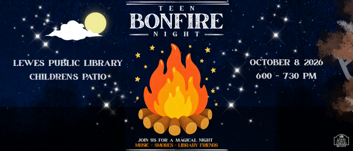 dark starry background with a graphic red and orange campfire with white text describing a bonfire event for teenagers