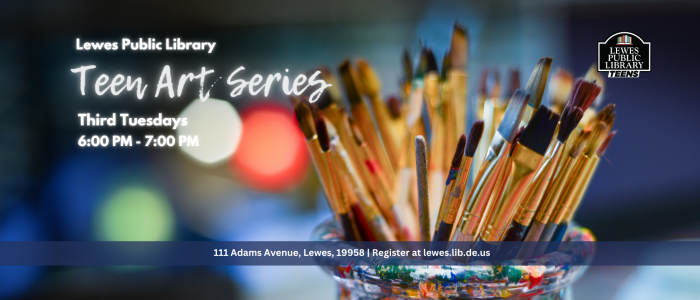 Photograph of paintbrushes on a blurred background with white text describing a teen art program