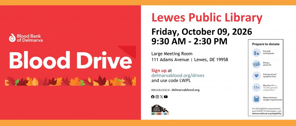 Red square with graphical leaves and white lettering on left, white square with red and white text on left describing a blood drive event
