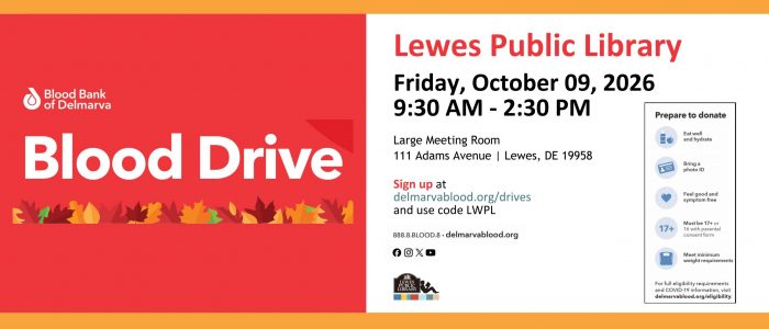 Red square with graphical leaves and white lettering on left, white square with red and white text on left describing a blood drive event