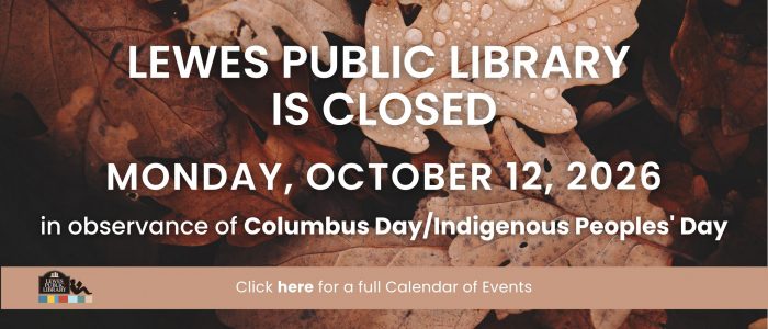 photograph of brown leaves with white text overlaid describing a library closure day