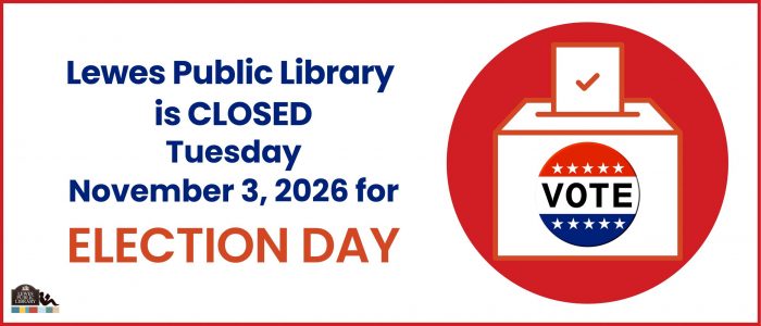 white background with a red circle surrounding a clipart image of a voting box. blue and red text describe a library closure