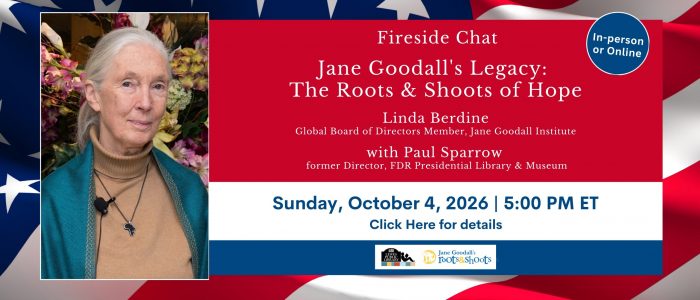 photograph of scientist Jane Goodall with a red, white, and blue graphic box and white lettering talking describing a presentation about Goodall's legacy