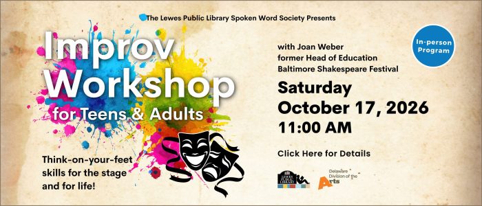 light brown background with graphic rainbow colored paint splatters and a drama mask, white and black text describing an improv workshop