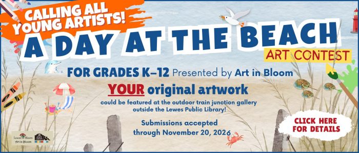 graphical sand and ocean background with large blue font announcing a children's art contest
