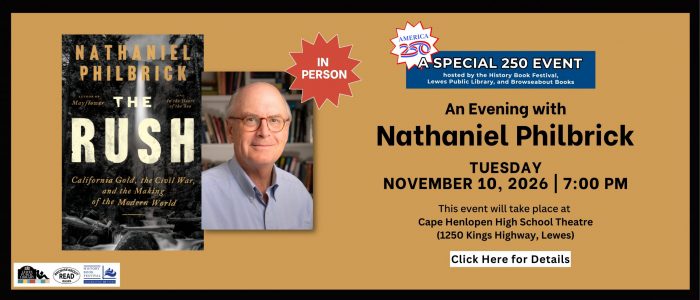 tan background, photo of a man with glasses, photo of a book cover, black text describing an author talk