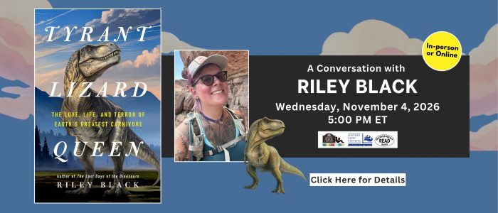 Denim blue background with pink and cream-colored cloud graphics. photo of a book cover with a t-rex dinosaur, photo of a woman in a baseball cap, white writing describing an author event