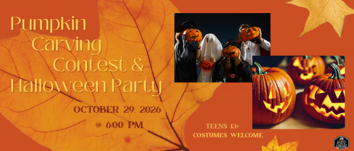 Orange graphic background with fall leaves, photo of jack o lanterns, photo of trick or treaters with pumpkin and ghost costumes. orange text describing a pumpkin contest and halloween party