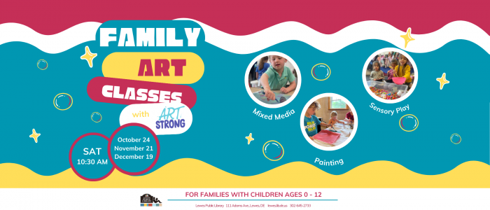 magenta, white, teal, and yellow graphic waves with photo bubbles of children creating art. colorful words describe a family art program