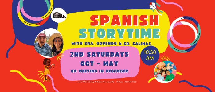 bright red, blue, and yellow background with a photo of a man in a baseball cap and a woman in a straw hat, plus a photo of children. colorful block text describing a spanish story time event